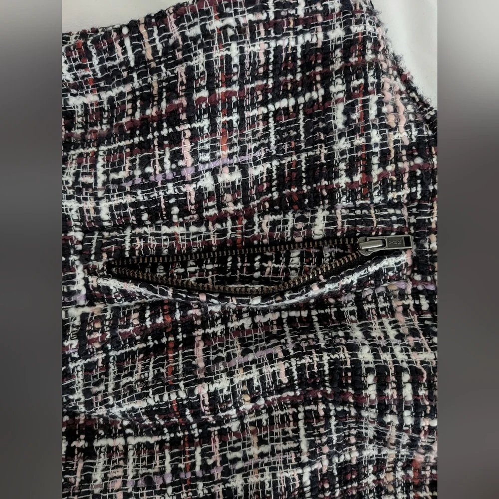 Loft Outlet Tweed Mini Skirt Black Burgundy‎ Plaid Zipper Pockets Size 10
